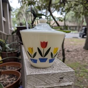 Anchor Hocking Fire-King Multi color Tulip  Jar with lid oven ware milk glass.